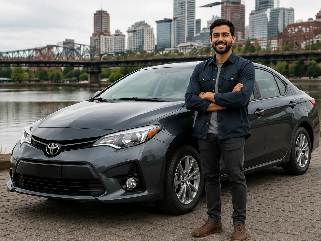 Driver standing beside a sedan with the Portland skyline in the background.